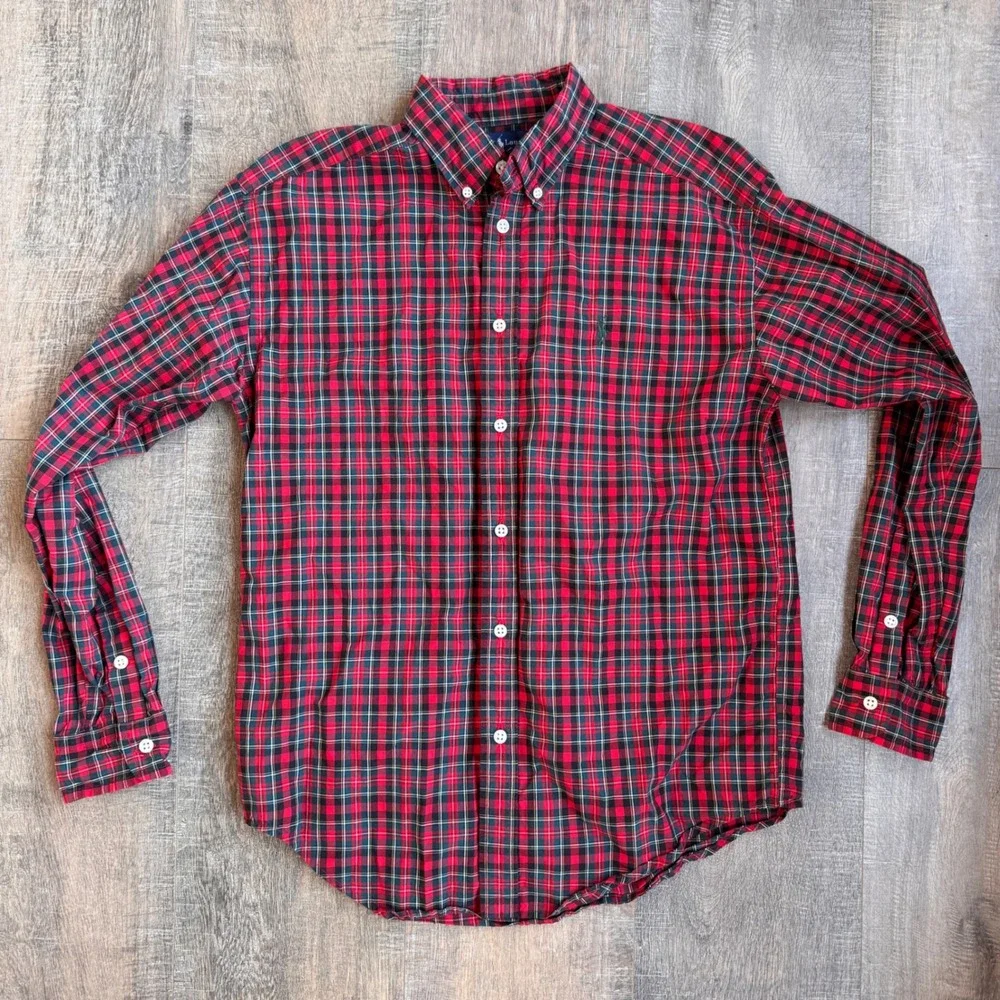 Ralph Lauren Boys Red Green Plaid Button Down Shirt Size L 16/18 Cotton Pony